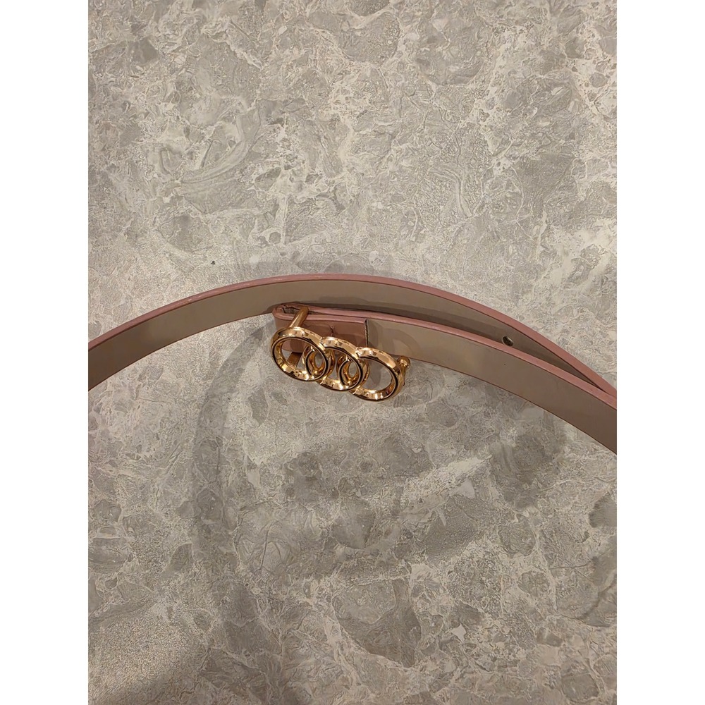 Womens Pink Faux Leather Skinny Belt Gold Triple Ring Buckle 36 Inch
